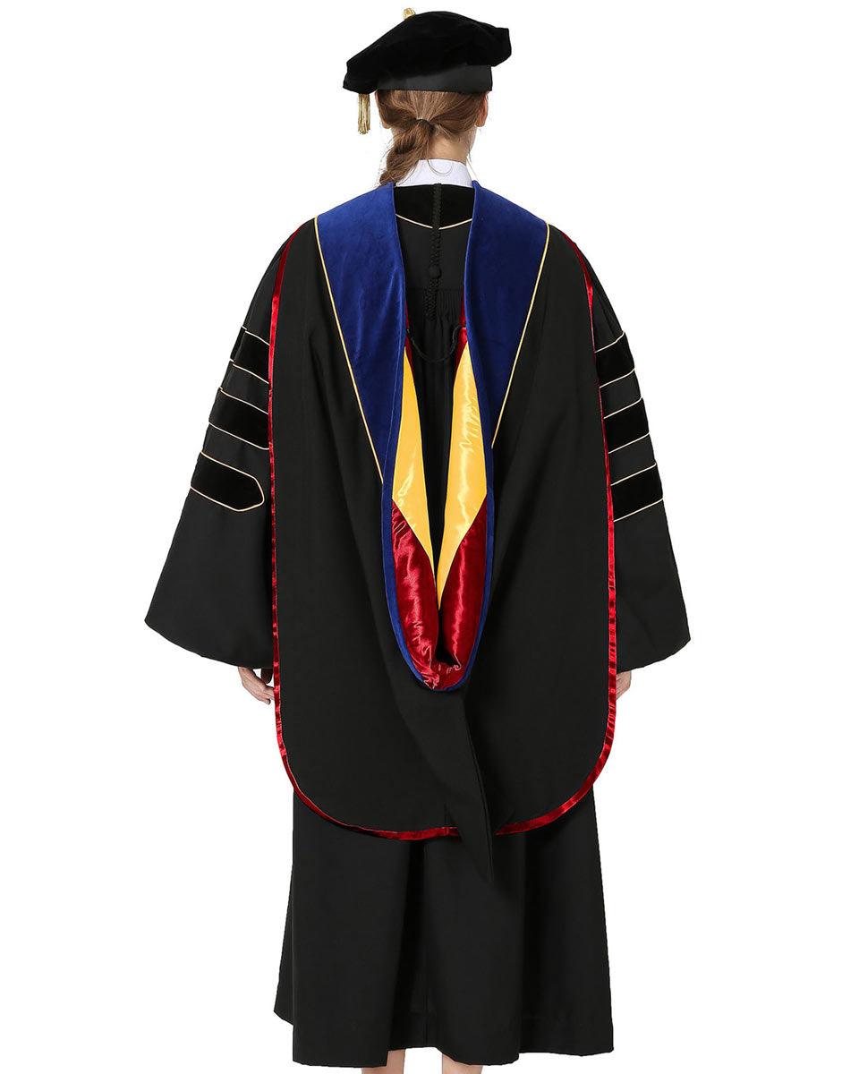 Deluxe PHD Doctoral Hood with Gold Piping - 10 Color Combinations Available - Graduation Gown and Cap
