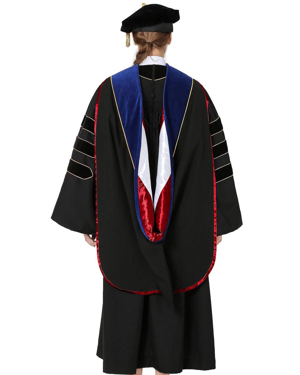 Deluxe PHD Doctoral Hood with Gold Piping - 10 Color Combinations Available - Graduation Gown and Cap
