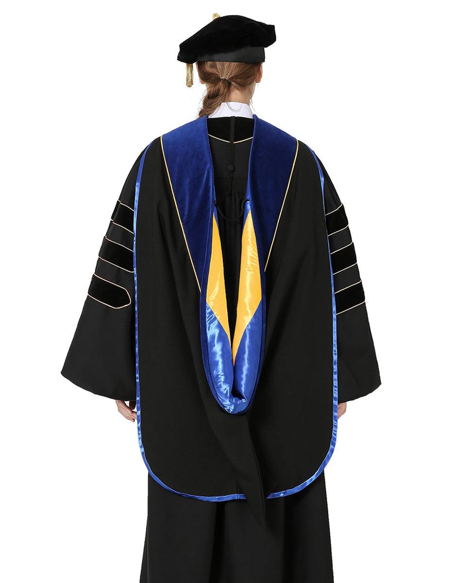 Deluxe PHD Doctoral Hood with Gold Piping - 10 Color Combinations Available - Graduation Gown and Cap