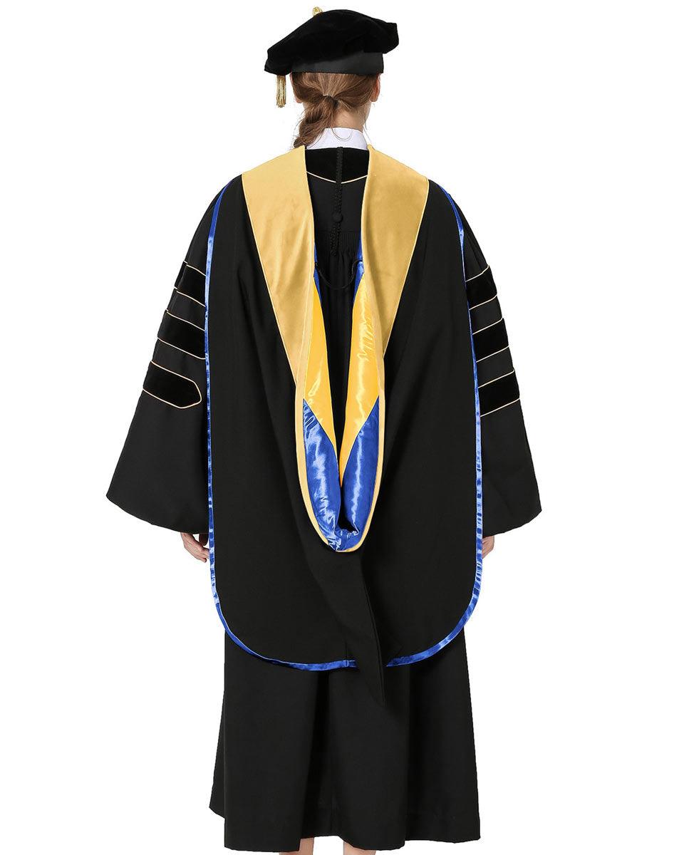 Deluxe PHD Doctoral Hood with Gold Piping - 10 Color Combinations Available - Graduation Gown and Cap