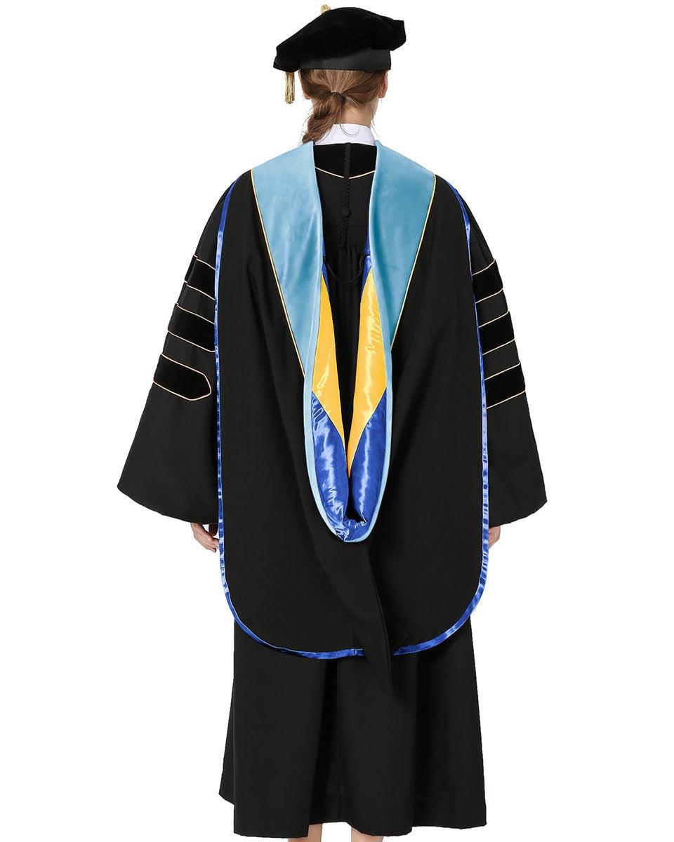 Deluxe PHD Doctoral Hood with Gold Piping - 10 Color Combinations Available - Graduation Gown and Cap