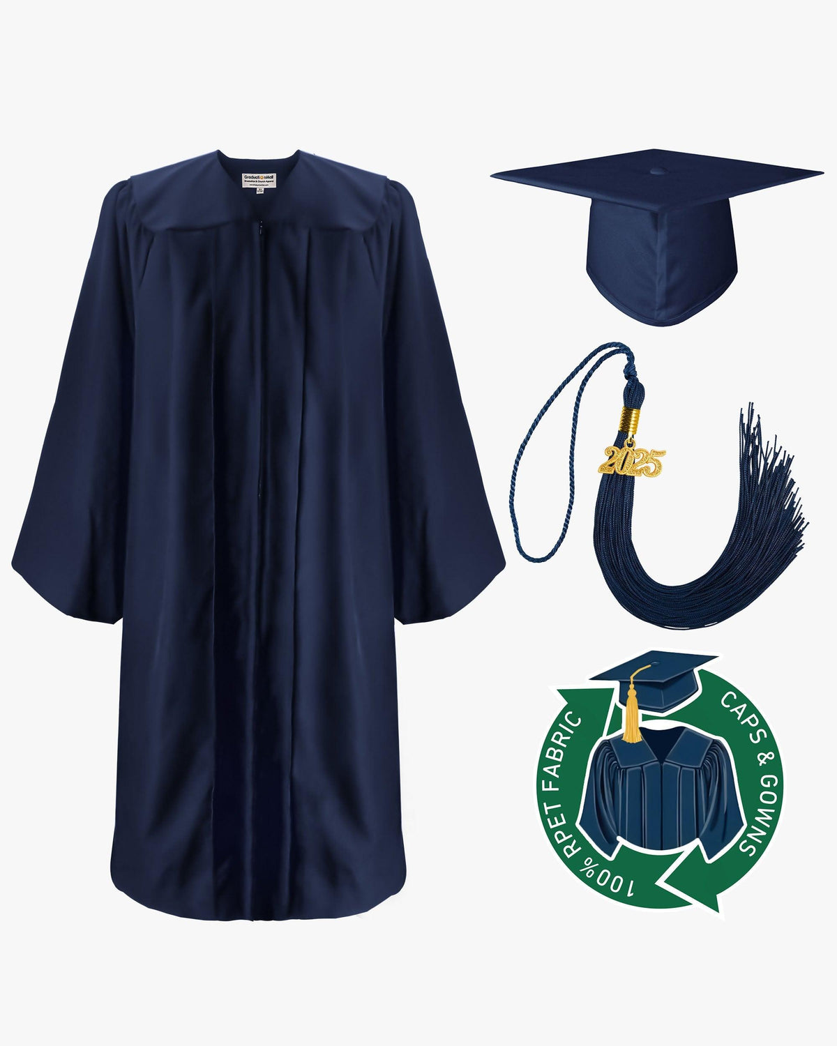 100% Recycled Material High School Graduation Cap and Gown with Pockets - 3 Colors Available - Graduation Gown and Cap