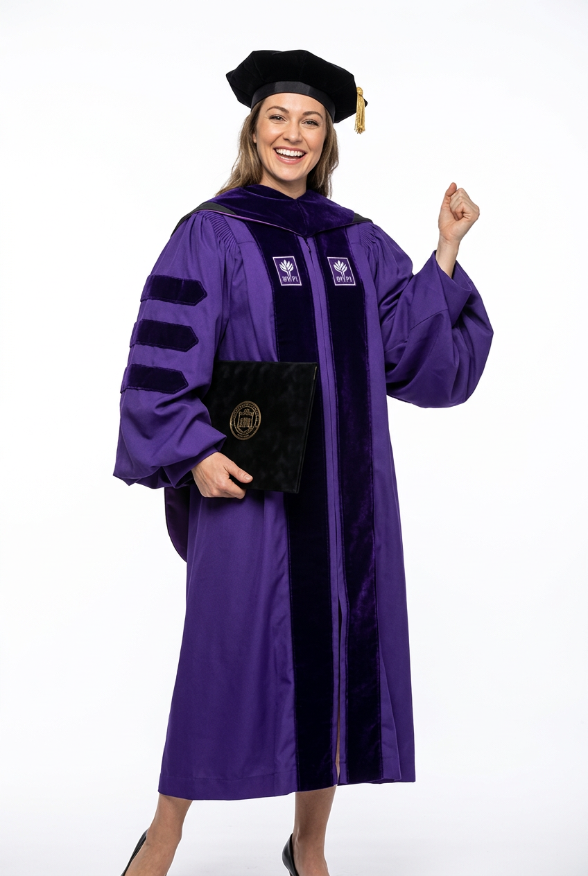 Doctoral Graduate Wearing Tam and Regalia Holding Diploma