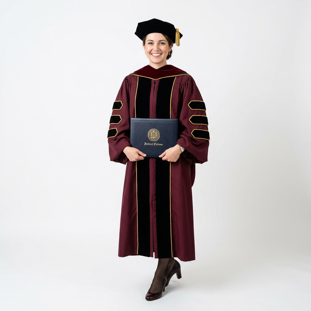 Female Graduate Model in Maroon Burgundy Deluxe Doctoral Regalia with Gold Piping