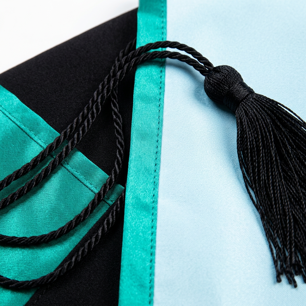 Monash University Bachelor Regalia Ice Blue Satin and Turquoise Green Ribbon Macro Craftsmanship Detail