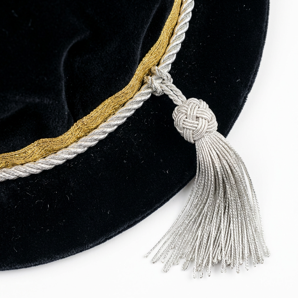 University of London UCL Doctoral Tudor Bonnet Metallic Silver Tassel and Black Velvet Macro Craftsmanship Detail