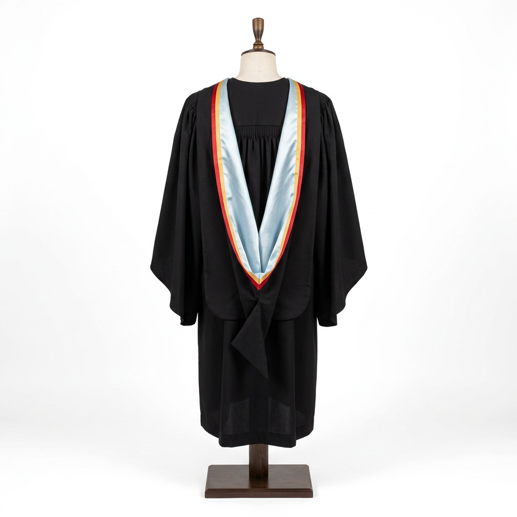 Lancaster University Master Academic Hood Pale Ice Blue Lining with Red and Gold Dual Ribbon Trim Rear Drape Back View