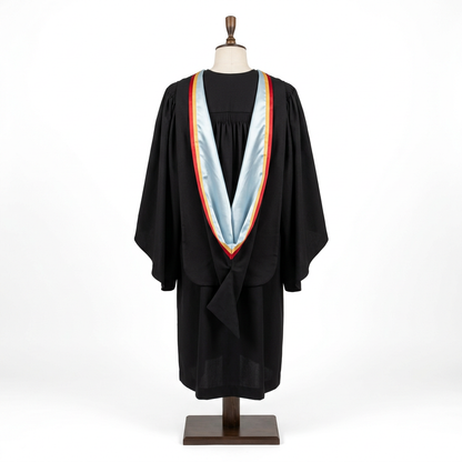Lancaster University Master Academic Hood Pale Ice Blue Lining with Red and Gold Dual Ribbon Trim Rear Drape Back View