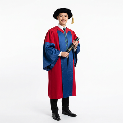 Joyful Male Doctoral Graduate Model Wearing HKU Doctoral Regalia and Tudor Bonnet