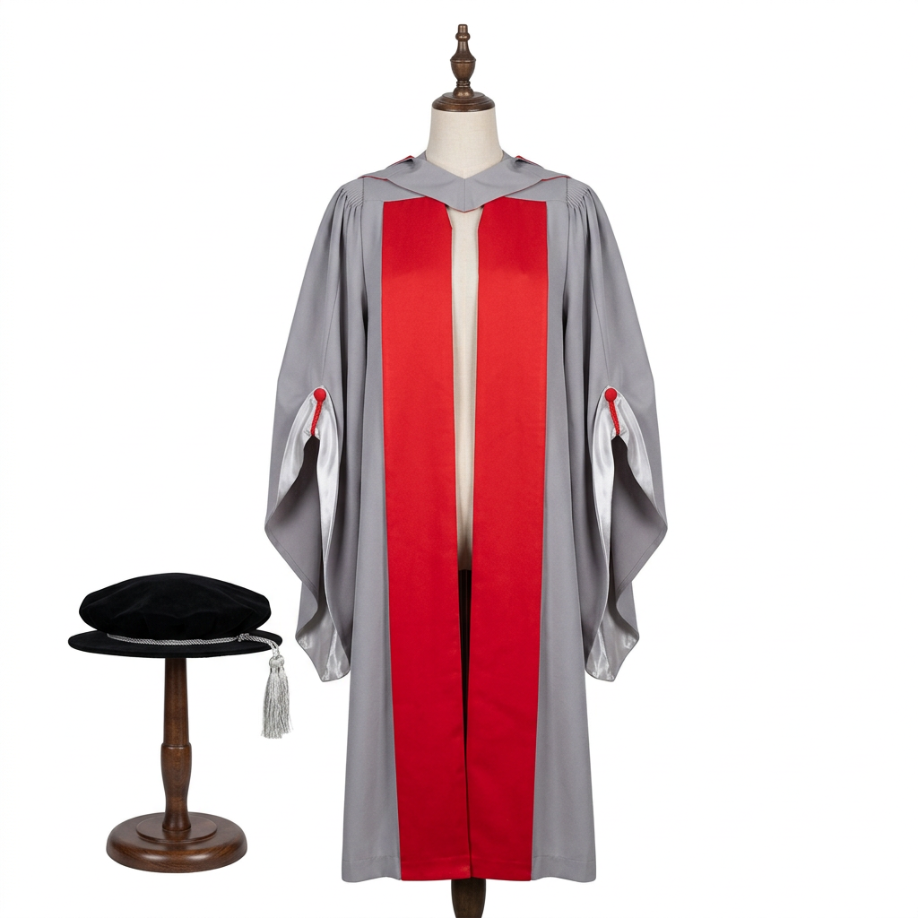 University of London UCL Doctoral Regalia Studio Dress Form Front View with Tudor Bonnet on Stand