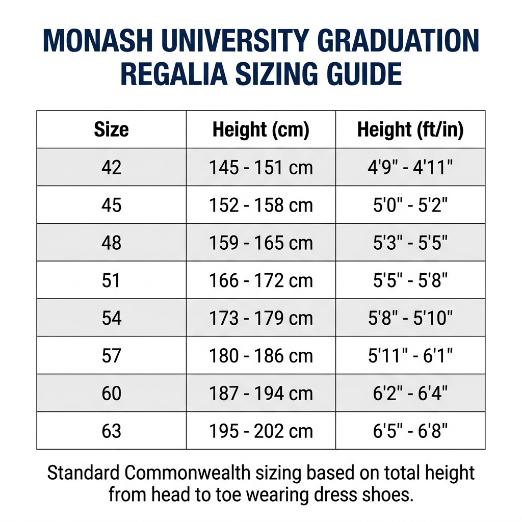 Monash University Graduation Regalia Sizing Guide Sizes 42 to 63