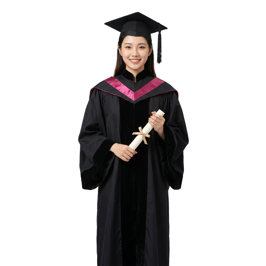 Female Graduate Model in CUHK Bachelor Regalia with Rose Magenta Hood Holding Diploma