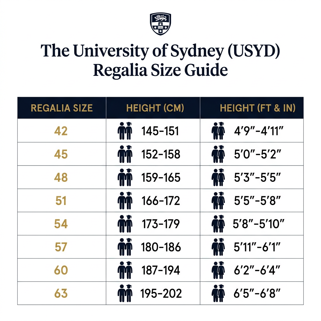 The University of Sydney USYD Regalia Size Guide 42 to 63