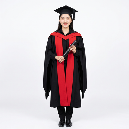 Smiling Female Graduate Model Wearing The University of Sydney Doctoral Regalia and Scarlet Hood