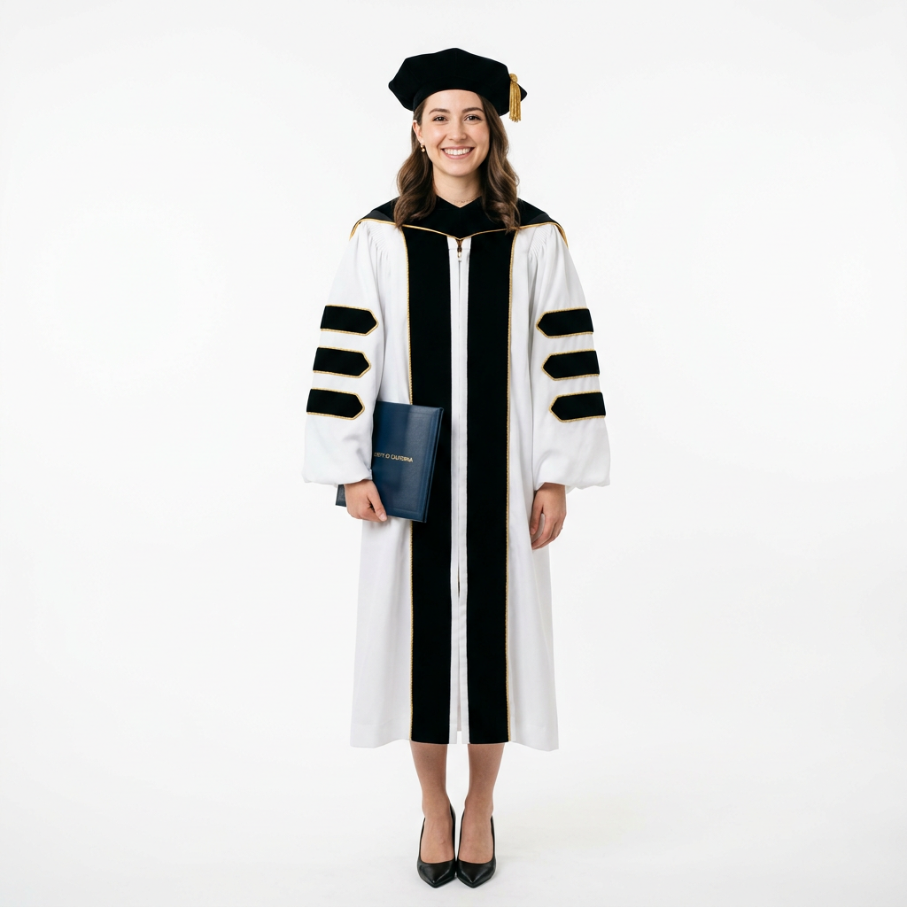 Male Graduate Model in Pure White Deluxe Doctoral Regalia with Gold Piping