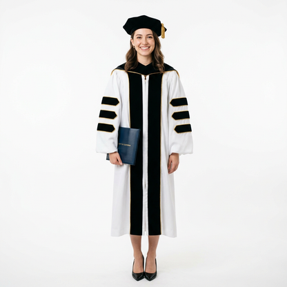 Male Graduate Model in Pure White Deluxe Doctoral Regalia with Gold Piping