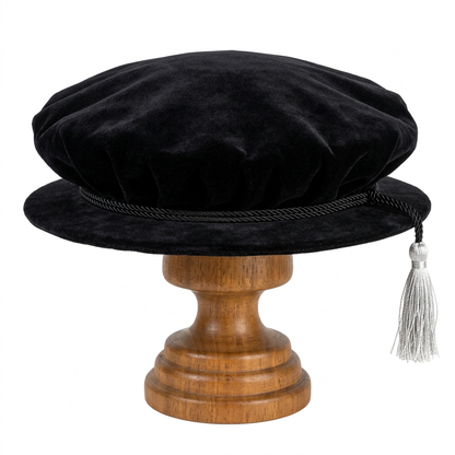 University of London UCL Doctoral Black Velvet Tudor Bonnet on Wooden Stand with Silver Tassel