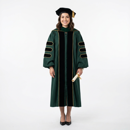Female Graduate Model in Forest Green Deluxe Doctoral Regalia with Gold Piping