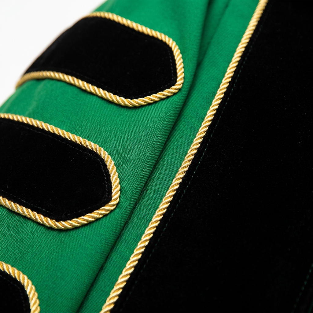 Emerald Green Fabric and Black Velvet Gold Piping Craftsmanship Detail