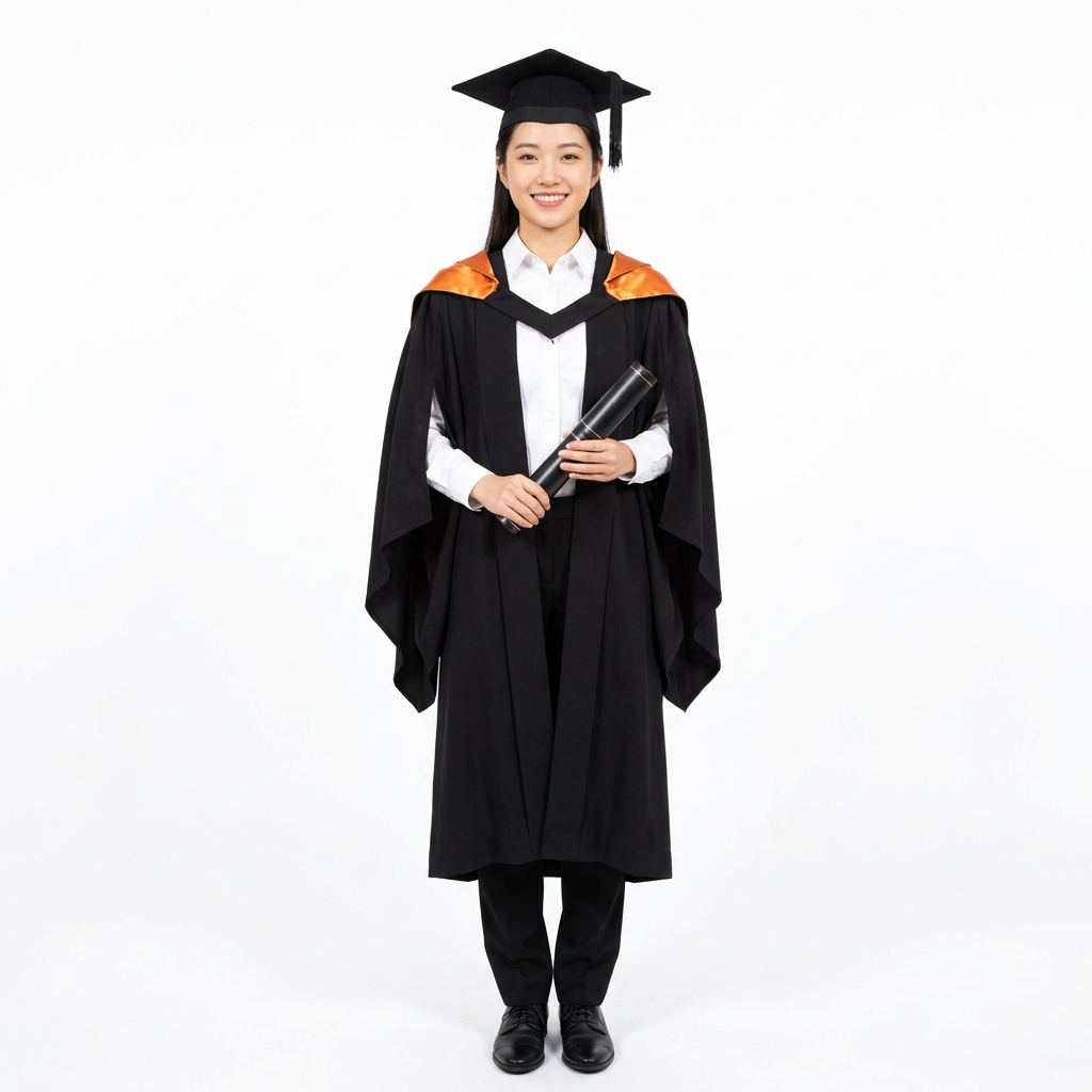 Smiling Female Graduate Model Wearing The University of Sydney Bachelor Regalia and Amber Orange Hood