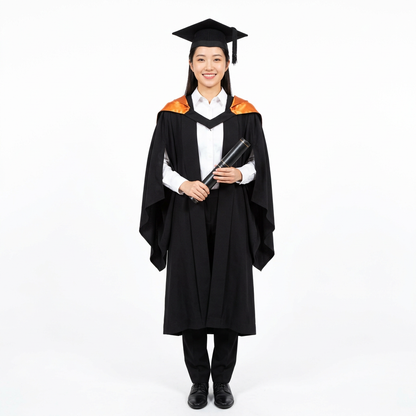 Smiling Female Graduate Model Wearing The University of Sydney Bachelor Regalia and Amber Orange Hood