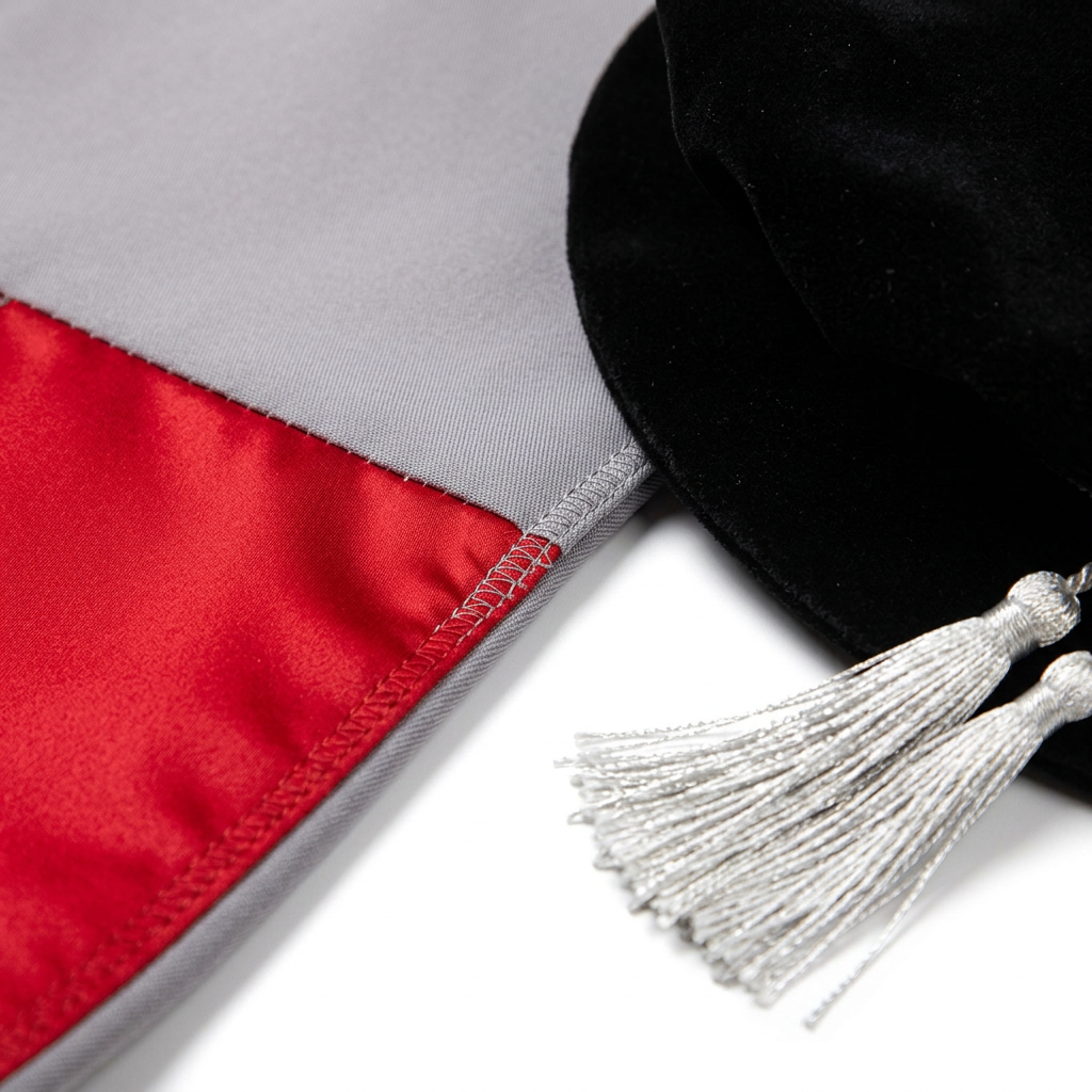 University of London UCL Doctoral Regalia Scarlet Satin Dove Grey Fabric and Silver Tassel Macro Craftsmanship Detail