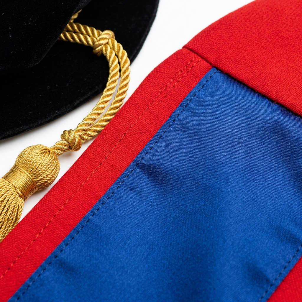 The University of Hong Kong HKU Doctoral Regalia Royal Blue Satin and Scarlet Fabric with Gold Tassel Craftsmanship Macro Detail