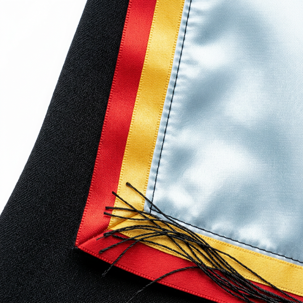 Lancaster University Academic Hood Pale Ice Blue Satin with Scarlet Red and Golden Yellow Dual Ribbon Trim Macro Craftsmanship Detail