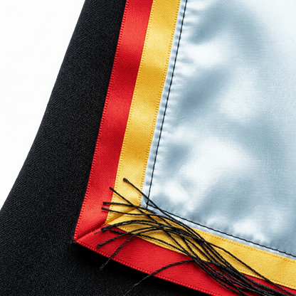 Lancaster University Academic Hood Pale Ice Blue Satin with Scarlet Red and Golden Yellow Dual Ribbon Trim Macro Craftsmanship Detail