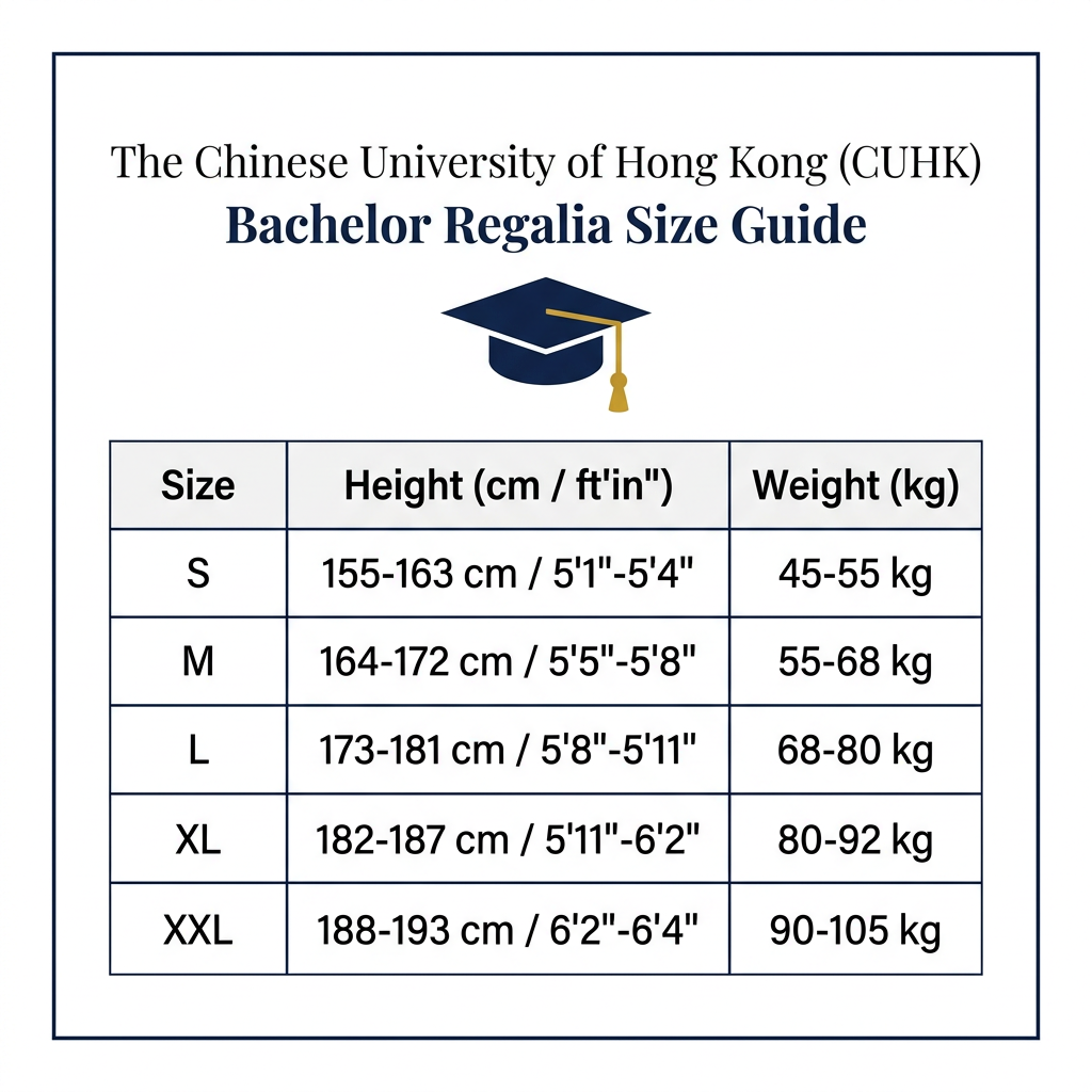 The Chinese University of Hong Kong CUHK Bachelor Regalia Size Guide S to XXL