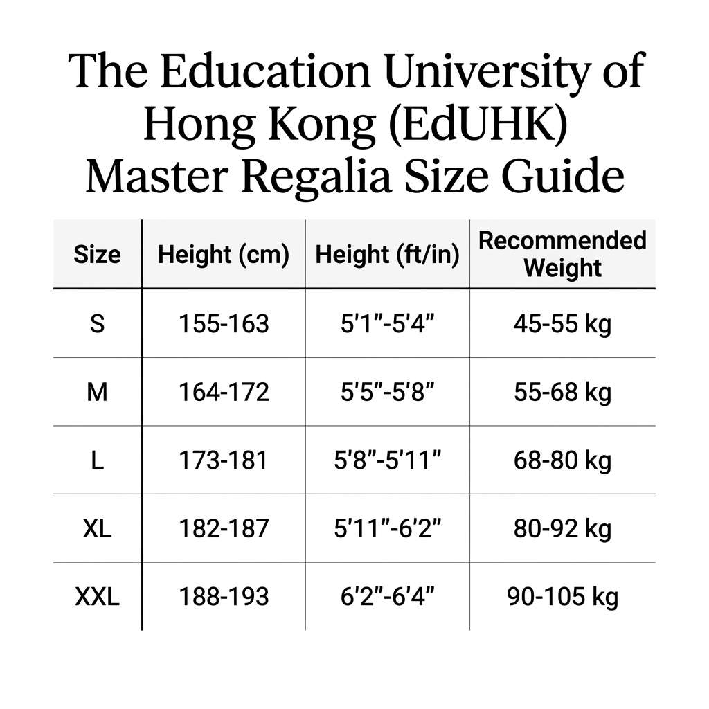 EdUHK Master Graduation Regalia Size Chart Guide S to XXL