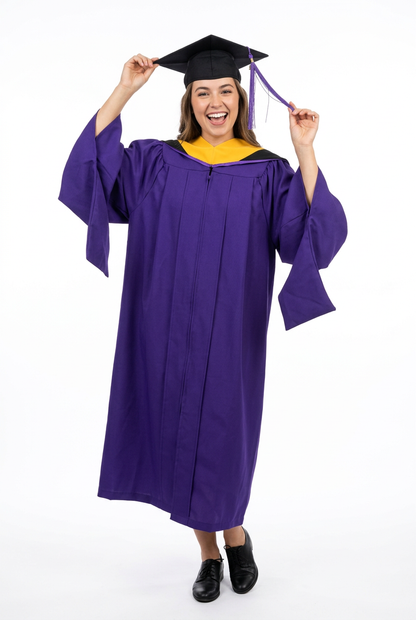Female Graduate Model in Authentic Pure Purple Master Gown Touching Tassel