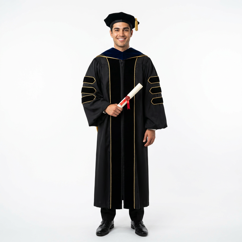 Male Graduate Model in Classic Black Deluxe Doctoral Regalia with Gold Piping