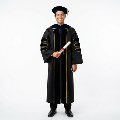 Male Graduate Model in Classic Black Deluxe Doctoral Regalia with Gold Piping
