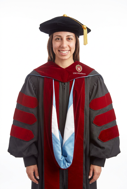 Female Graduate Model Wearing UW-Madison Doctoral Hood