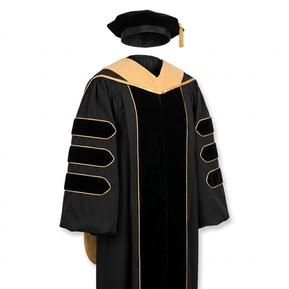 Deluxe Doctoral Regalia 3-Piece Set with Gold Piping Classic Black Studio Main Photo