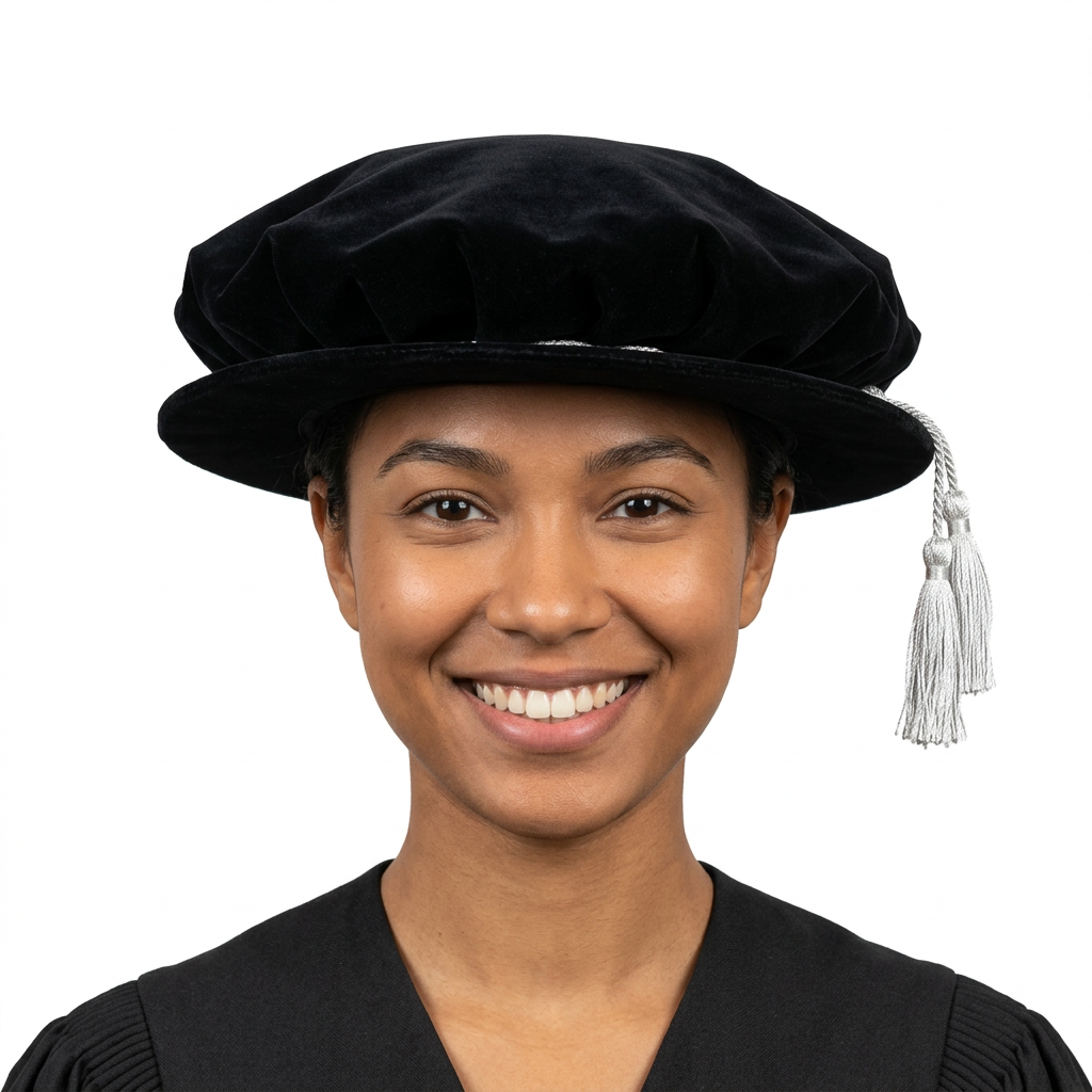 University of London UCL Doctoral Graduate Model Wearing Black Velvet Tudor Bonnet Portrait Shot