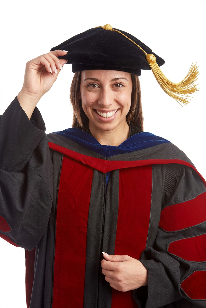 Graduate Model Wearing 8-Sided Doctoral Tam Adjusting Gold Tassel