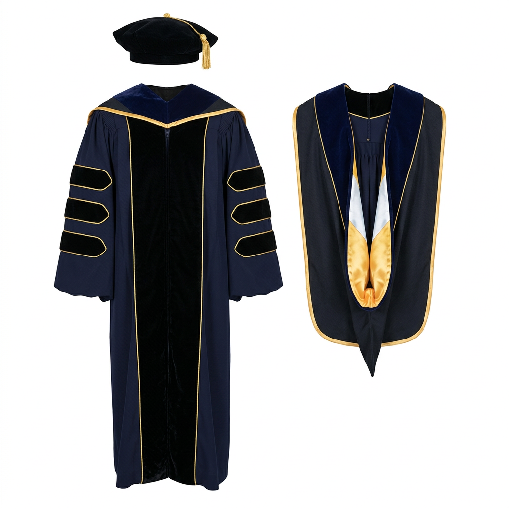 Deluxe Doctoral Regalia 3-Piece Set with Gold Piping Navy Blue Studio Main Photo