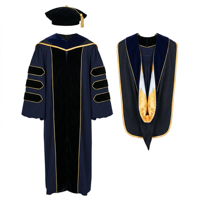 Deluxe Doctoral Regalia 3-Piece Set with Gold Piping Navy Blue Studio Main Photo