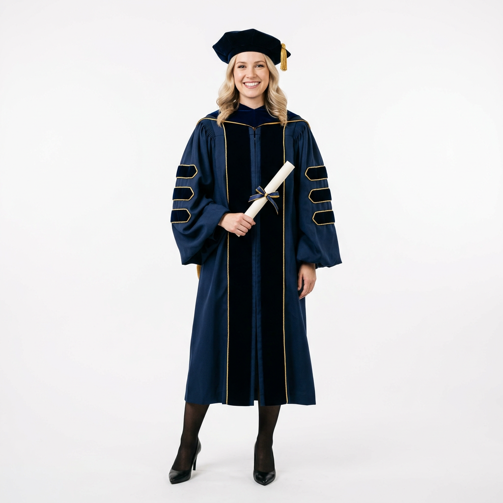 Female Graduate Model in Navy Blue Deluxe Doctoral Regalia with Gold Piping