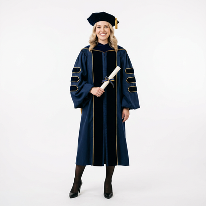 Female Graduate Model in Navy Blue Deluxe Doctoral Regalia with Gold Piping