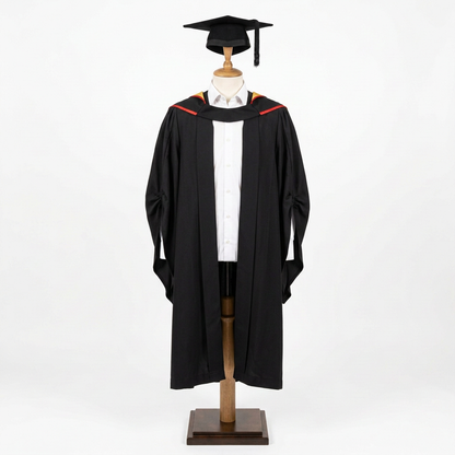 Lancaster University Master Regalia Studio Dress Form Front View with Mortarboard on Top