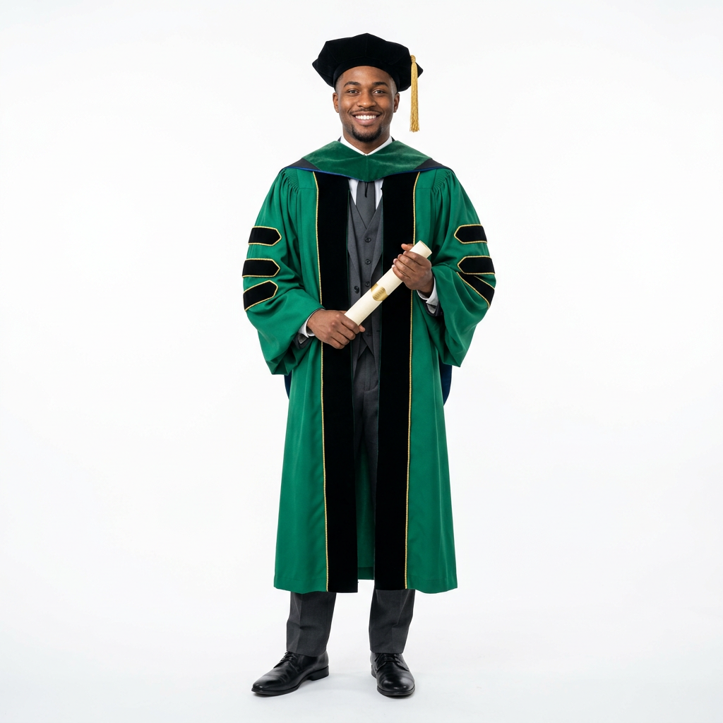 Male Graduate Model in Emerald Green Deluxe Doctoral Regalia with Gold Piping