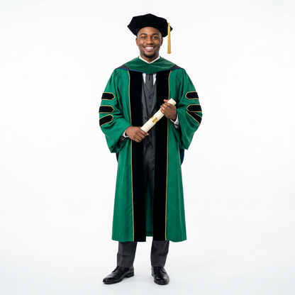 Male Graduate Model in Emerald Green Deluxe Doctoral Regalia with Gold Piping