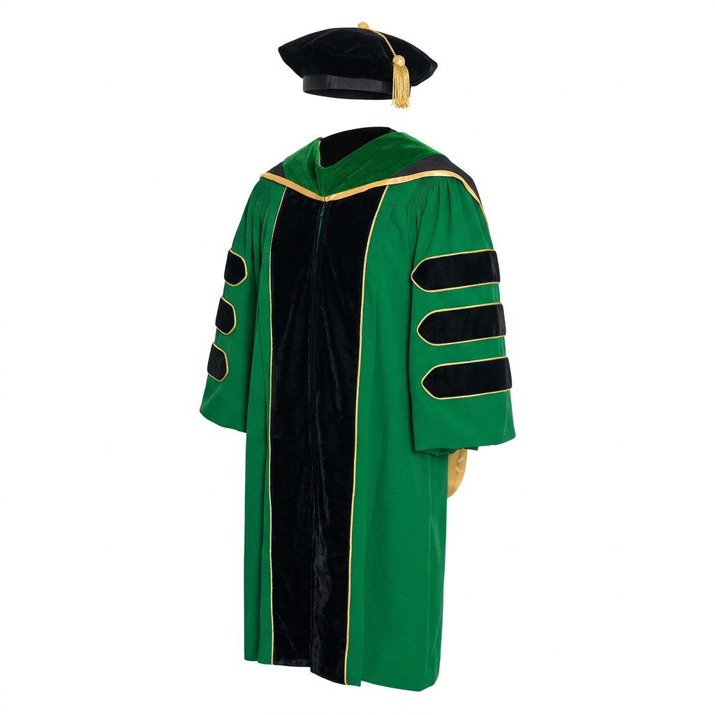 Deluxe Doctoral Regalia 3-Piece Set with Gold Piping Emerald Green Studio Main Photo