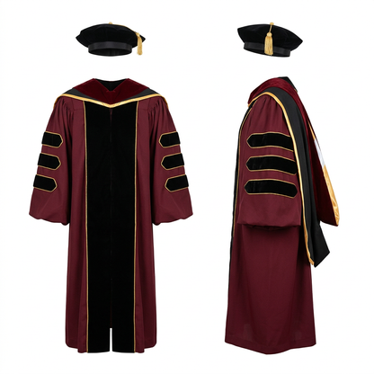 Deluxe Doctoral Regalia 3-Piece Set with Gold Piping Maroon Burgundy Studio Main Photo