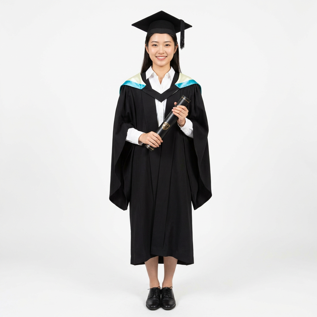 Smiling Female Graduate Model Wearing The University of Sydney Master Regalia and Cyan Hood