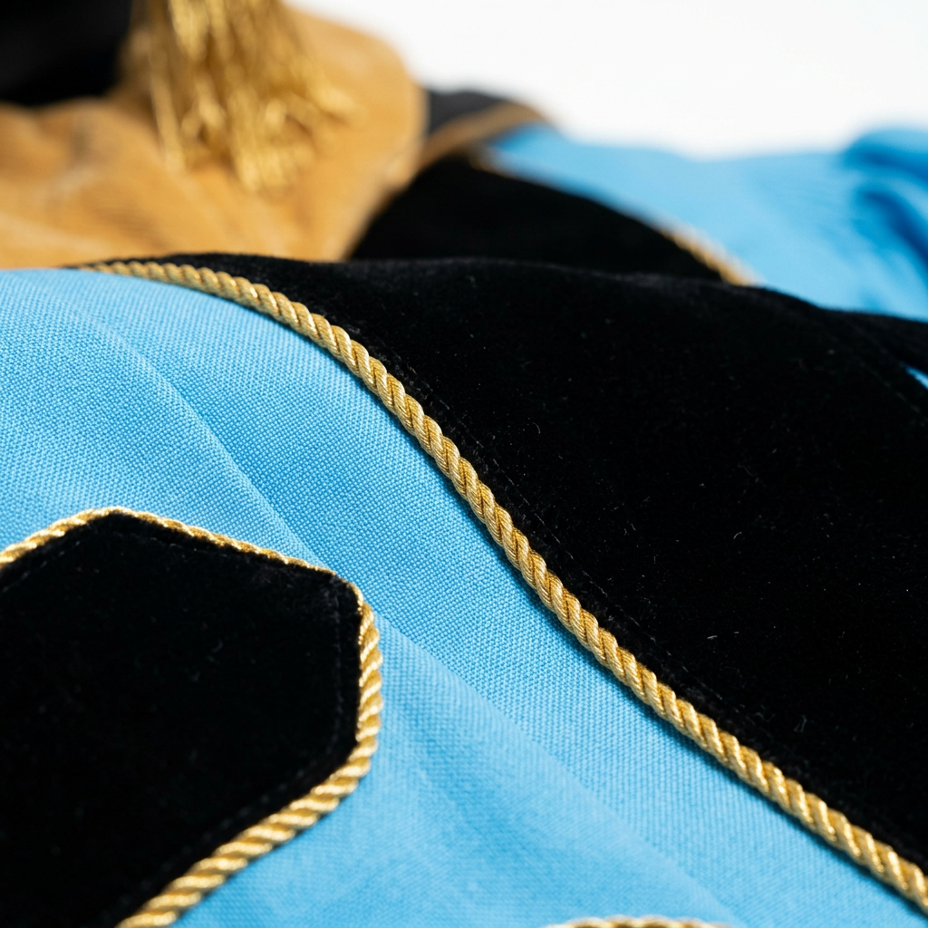 Sky Blue Fabric and Black Velvet Gold Piping Craftsmanship Detail