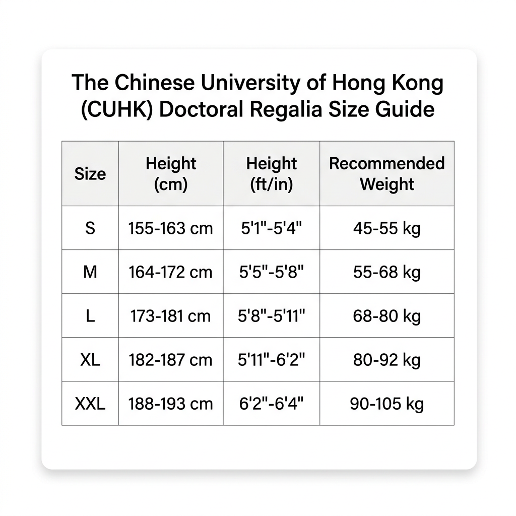 The Chinese University of Hong Kong CUHK Doctoral Regalia Size Guide S to XXL